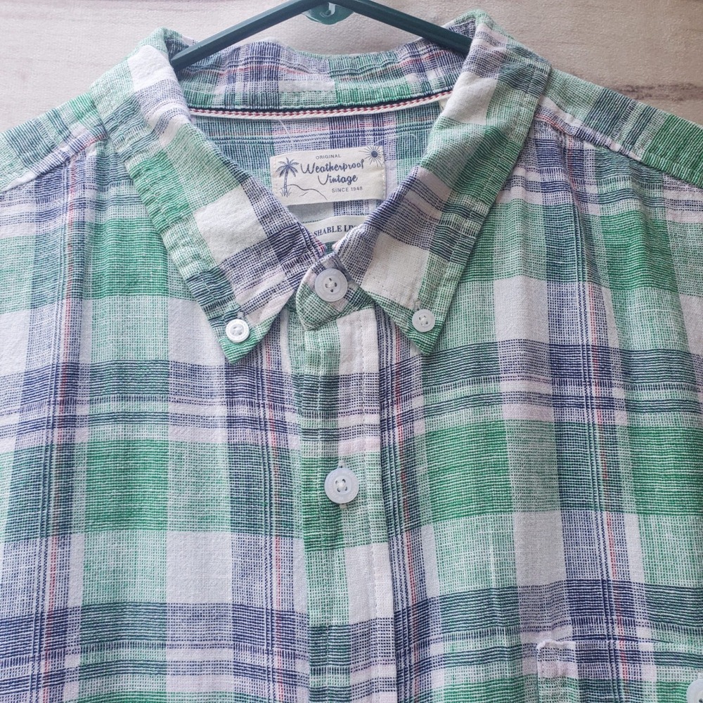 Weatherproof Vintage Mens XXL Green Blue Plaid Linen Blend Short Sleeve Shirt